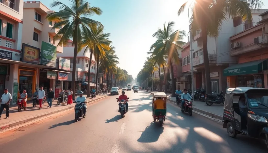 A sun-dappled street in the heart of Karimnagar, Telangana, lined with bustling shops and vibrant local life. Capture the smooth asphalt road winding through the urban landscape, flanked by colorful buildings and towering palm trees. Depict pedestrians strolling leisurely, motorcycles and rickshaws navigating the lively traffic. Bathe the scene in warm, golden light filtering through the clear sky, casting long shadows and creating a welcoming, relaxed atmosphere. Showcase the practical and everyday aspects of travel in this thriving South Indian city.
