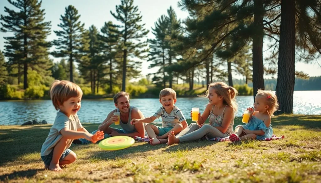 A sun-dappled summer day at Lake Johanna, Minnesota. A family of four - parents, young son, and daughter - enjoying outdoor activities together. In the foreground, the children play catch with a Frisbee, their laughter echoing across the tranquil waters. In the middle ground, the parents recline on a picnic blanket, sipping lemonade and watching their kids with content smiles. In the background, towering pine trees frame the scene, and the glistening lake stretches out to the horizon. Soft, warm lighting bathes the entire tableau, creating a serene, idyllic atmosphere. Capture the joyful, carefree spirit of a family making memories at this picturesque Midwestern lake. A sun-dappled summer day at Lake Johanna, Minnesota. A family of four - parents, young son, and daughter - enjoying outdoor activities together. In the foreground, the children play catch with a Frisbee, their laughter echoing across the tranquil waters. In the middle ground, the parents recline on a picnic blanket, sipping lemonade and watching their kids with content smiles. In the background, towering pine trees frame the scene, and the glistening lake stretches out to the horizon. Soft, warm lighting bathes the entire tableau, creating a serene, idyllic atmosphere. Capture the joyful, carefree spirit of a family making memories at this picturesque Midwestern lake.