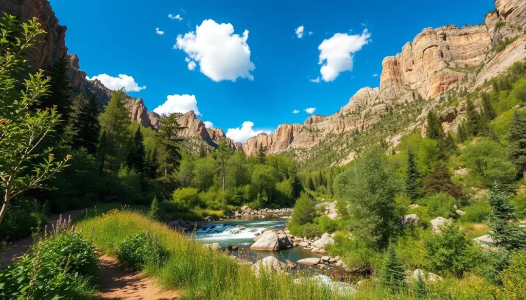 A sun-dappled summer day in Johnson Canyon, Alberta. In the foreground, lush green foliage and wildflowers line the winding trail. The middle ground features a crystal-clear stream cascading over smooth rocks, its gentle murmurs filling the air. Beyond, majestic limestone cliffs rise, their rugged faces glowing in the warm afternoon light. Fluffy white clouds drift across a brilliant azure sky, casting playful shadows across the scene. The atmosphere is one of tranquility and natural beauty, inviting visitors to immerse themselves in the serene splendor of this Canadian wonder.
