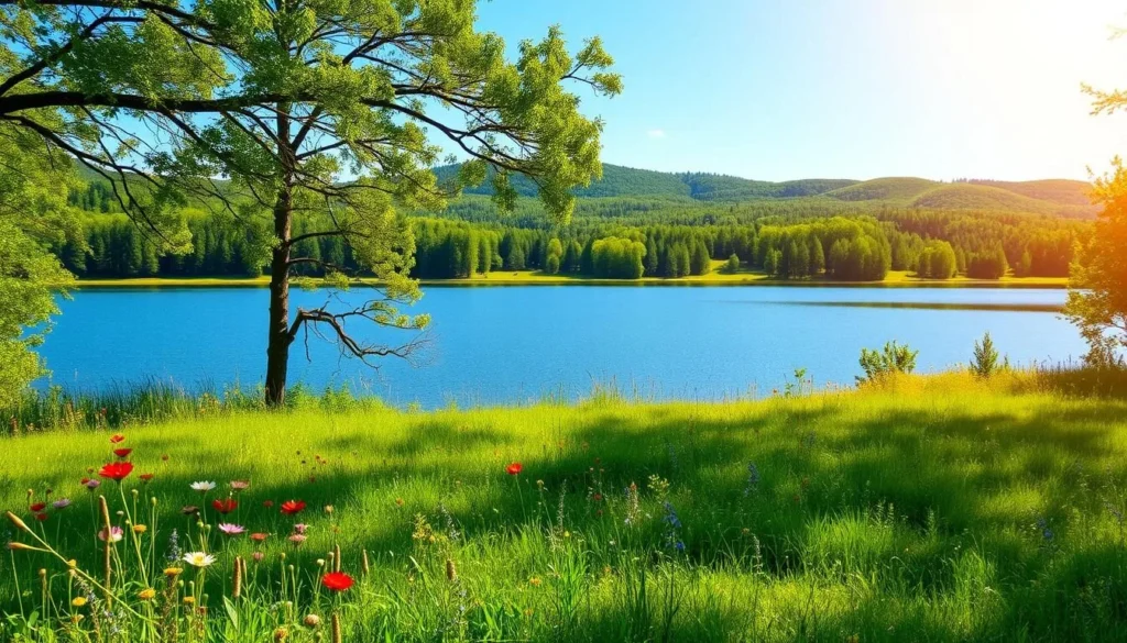 A sun-dappled summer landscape in Zarasai, Lithuania. In the foreground, a lush meadow dotted with vibrant wildflowers sways gently in the warm breeze. Beyond, a tranquil lake reflects the azure sky, its surface interrupted by the occasional ripple. In the middle ground, dense forests of pine and birch trees rise up, their verdant canopies providing dappled shade. In the distance, rolling hills undulate on the horizon, their slopes bathed in the golden light of a cloudless afternoon. The scene exudes a sense of serene beauty, inviting the viewer to immerse themselves in the quiet charm of a Zarasai summer.