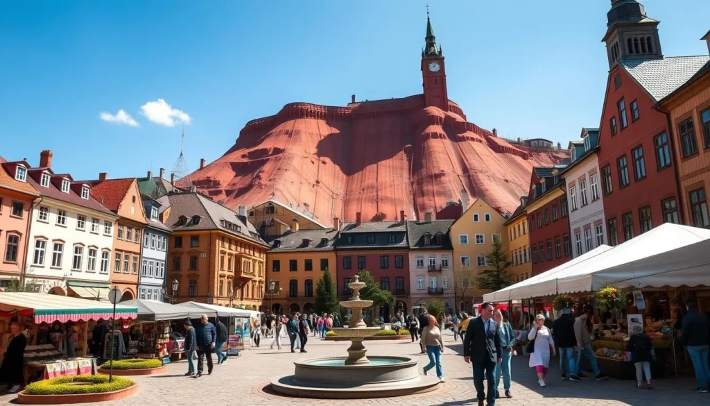 A sun-dappled town square in Falun, Sweden, surrounded by well-preserved 19th-century buildings and punctuated by a stately clocktower. In the foreground, a lively open-air market bustles with local artisans and vendors, their colorful wares and friendly banter creating a vibrant, culturally rich scene. The middle ground features an elegant fountain and manicured gardens, while in the background, the historic Falu Gruva copper mine, a UNESCO World Heritage site, looms majestically, its distinctive red-orange hues a testament to the town's mining heritage. The overall atmosphere is one of warmth, community, and a deep appreciation for Falun's cherished cultural traditions.