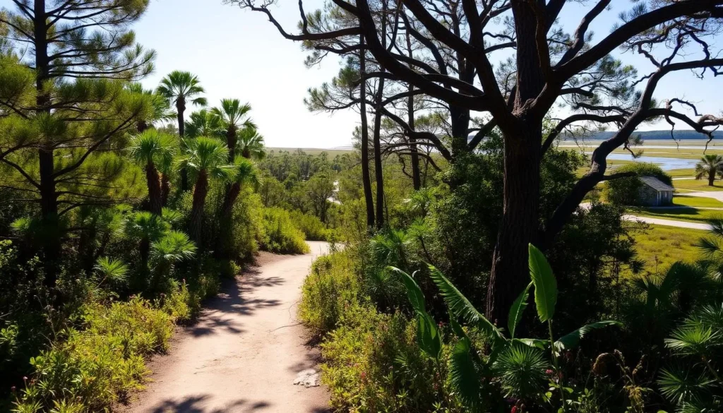 A sun-dappled trail winds through a lush coastal forest on Masonboro Island, North Carolina. Towering pines and gnarled live oaks cast gentle shadows on the path, while vibrant undergrowth and blooming wildflowers line the way. In the distance, glimpses of sparkling tidal marshes and sandy beaches can be seen through the verdant foliage. The tranquil scene is bathed in warm, golden light, inviting visitors to explore this pristine natural sanctuary at a leisurely pace and immerse themselves in the island's serene beauty.
