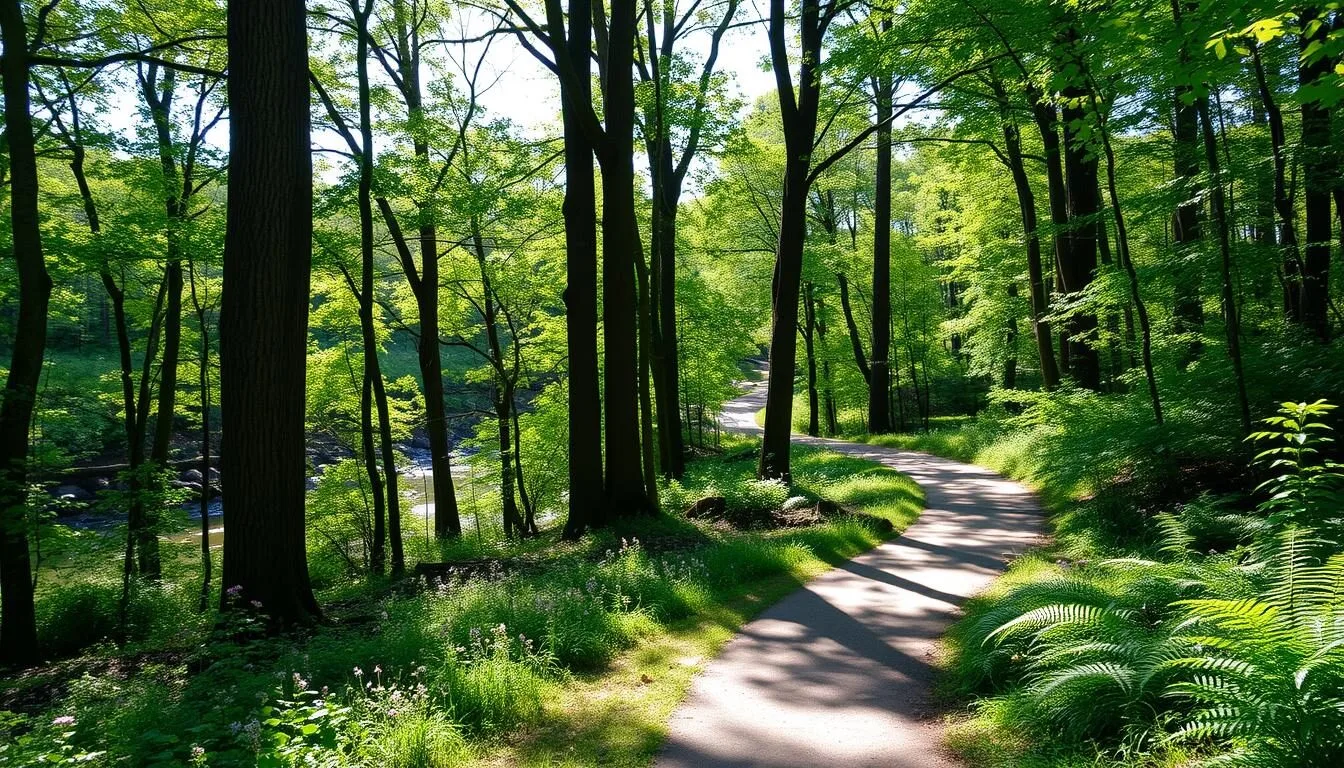 A sun-dappled trail winds through a lush, verdant forest in Brandywine Creek State Park, Delaware. Towering hardwood trees cast gentle shadows on the well-maintained path, inviting hikers to explore the park's natural beauty. In the distance, the gentle babbling of the creek can be heard, adding to the serene atmosphere. The trail is lined with vibrant wildflowers and verdant ferns, creating a picturesque scene. Soft, diffused lighting filters through the canopy, illuminating the tranquil landscape. The overall mood is one of peaceful exploration, perfectly capturing the essence of Brandywine Creek State Park's best hiking trails.