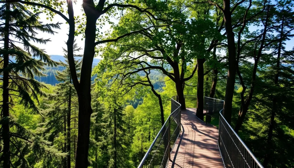 A sun-dappled treetop walkway winds gracefully through the lush, verdant canopy of Sumava National Park. Towering evergreens and deciduous trees frame the elegant wooden path, inviting visitors to immerse themselves in the serene, natural setting. Soft, diffused lighting filters through the leaves, casting a warm, ambient glow over the scene. The walkway's gentle curves and strategic vantage points offer panoramic views of the rolling, forested hills that stretch out in the distance. This tranquil, elevated perspective allows visitors to appreciate the park's stunning, untouched beauty from a unique and captivating vantage point.