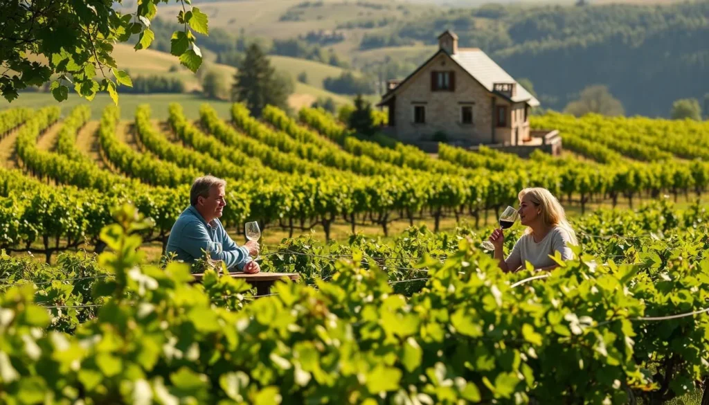 A sun-dappled vineyard in the rolling hills of the Breclav region, Czechia. In the foreground, a group of friends gathers around a wooden table, swirling and sipping fine Czech wines, their laughter and chatter filling the air. The middle ground features rows of lush, green vines, their leaves gently rustling in the warm breeze. In the background, a charming, historic winery stands proudly, its stone walls and gabled roof bathed in soft, golden light. The scene exudes a sense of tranquility and conviviality, capturing the essence of a delightful day trip from Breclav.
