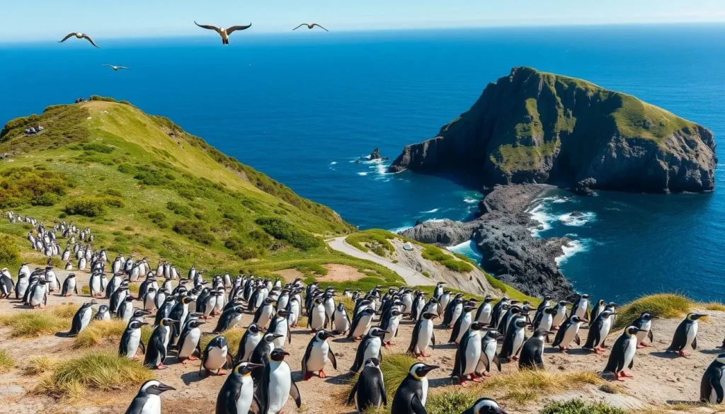 A sun-dappled vista of Isla Magdalena, Chile's remote penguin sanctuary. In the foreground, a colony of Magellanic penguins waddle across the rugged, windswept shoreline, their black-and-white plumage gleaming. In the middle ground, a verdant slope dotted with hardy coastal vegetation leads up to craggy cliffs. Overhead, seabirds soar on the ocean breeze, while in the background, the deep blue waters of the Strait of Magellan stretch to the horizon. Capture the tranquil, unspoiled beauty of this penguin paradise, illuminated by soft, natural lighting and a wide-angle lens that conveys the scale of this pristine wilderness.