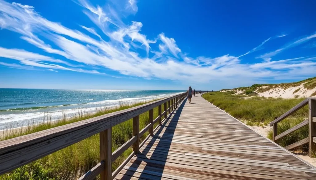 A sun-dappled wooden boardwalk stretches along the coastline, flanked by lush green dunes and sparkling silver-sand beaches. Beachgoers stroll leisurely, taking in the panoramic views of the gently lapping waves and the distant horizon. Wispy clouds drift across a brilliant azure sky, casting soft shadows on the weathered planks beneath. The scene exudes a serene, tranquil atmosphere, inviting visitors to slow down and savor the natural beauty of Silver Sands State Park.