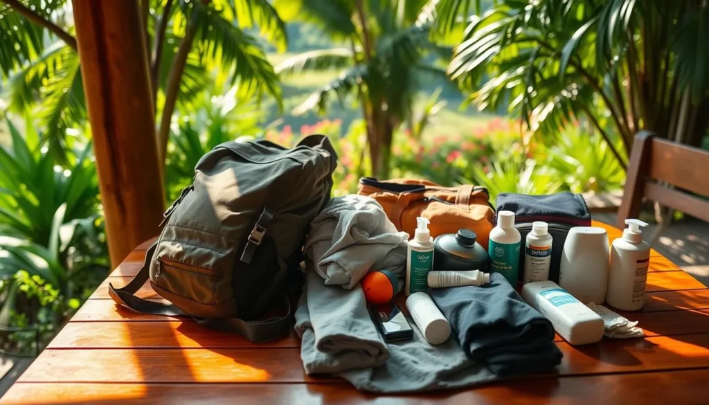 A sun-dappled wooden table laden with travel essentials - a sturdy backpack, breathable clothing, sun protection, and essential toiletries. In the background, lush greenery and a glimpse of a vibrant tropical scene suggest the verdant landscapes of Suriname's dry season. Warm, diffused lighting bathes the scene, evoking a sense of adventure and readiness for the journey ahead. The composition captures the thoughtful, well-planned packing for a weather-savvy trip to Suriname, where the dry months offer ideal conditions for exploration.