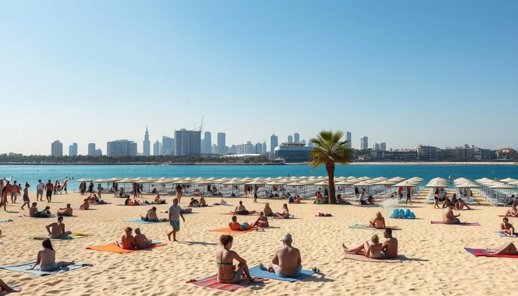 A sun-drenched Beirut beach on a balmy summer day. In the foreground, families and groups of friends lounge on vibrant beach towels, enjoying the warm sand and crystal-clear waters of the Mediterranean. Beachgoers swim, splash, and relax under the gentle breeze. Farther back, rows of neatly arranged umbrellas and sun loungers line the shore, creating a welcoming and lively atmosphere. In the middle ground, a line of palm trees sway gently, adding a touch of tropical ambiance. The background features the iconic skyline of Beirut, with its high-rise buildings and landmarks bathed in the golden glow of the setting sun, creating a stunning contrast against the deep blue sky.