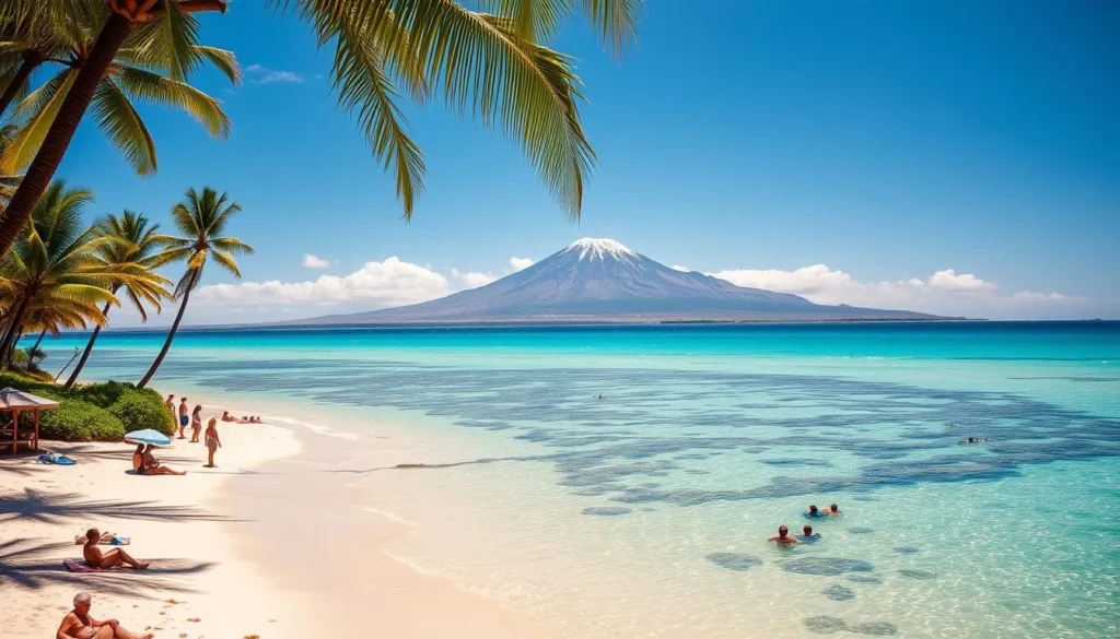 A sun-drenched Kauna'oa Beach on the Big Island of Hawaii, with its glistening turquoise waters and pristine white sand. In the foreground, people leisurely sunbathing, swimming, and snorkeling among the vibrant coral reefs. Midground, lush palm trees sway gently in the tropical breeze, creating a serene and inviting atmosphere. In the background, the majestic Mauna Kea volcano rises, its snow-capped peak reflecting the warm hues of the afternoon sun. The scene is bathed in a soft, golden light, creating a picturesque and tranquil island paradise.