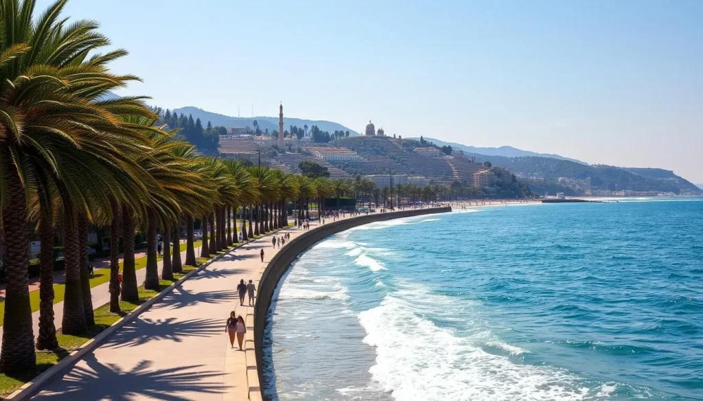 A sun-drenched Mediterranean promenade in Haifa, Israel. Warm azure waters lap against a vibrant seawall, flanked by lush palm trees swaying gently in the coastal breeze. In the distance, the historic Bahai Gardens cascade down the verdant hillside, their terraced greenery contrasting with the sparkling blue of the sea. Beachgoers stroll leisurely, enjoying the temperate climate and breathtaking vistas. The scene is bathed in soft, diffused lighting, creating a serene and tranquil atmosphere that captures the essence of Haifa's year-round Mediterranean charm.