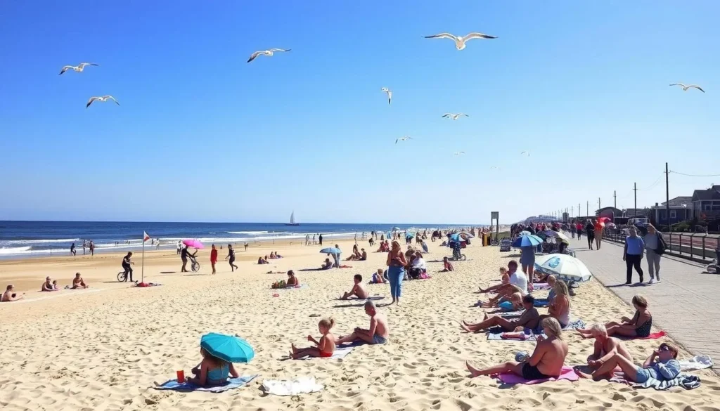 A sun-drenched afternoon at Cape Henlopen beach, Delaware. Families and friends lounge on the soft sand, children building sandcastles and splashing in the gentle waves. Joggers and cyclists glide along the boardwalk, while beachgoers soak up the warm coastal breeze. In the distance, sailboats dot the horizon, and seagulls soar gracefully overhead. The scene is filled with the vibrant colors of umbrellas, beach towels, and sun-kissed skin. Capture the tranquil atmosphere and natural beauty of this iconic Delaware destination.
