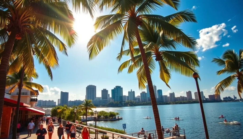 A sun-drenched afternoon in Tampa, Florida during the sultry summer months. Lush palm trees sway gently in the warm breeze, casting dappled shadows on the bustling city streets below. In the foreground, people stroll along the vibrant sidewalks, enjoying the balmy weather and stopping to admire the colorful architecture. In the middle ground, the iconic Hillsborough River reflects the azure sky, its calm waters dotted with the silhouettes of kayakers and paddleboarders. The background is dominated by the striking skyline of downtown Tampa, its modern skyscrapers and historic buildings bathed in the golden glow of the afternoon sun. The overall scene exudes a relaxed, summery atmosphere, perfectly capturing the essence of Tampa's weather during the June through September period.