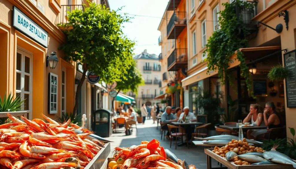 A sun-drenched alleyway lined with charming local seafood restaurants, their colorful facades and inviting outdoor seating areas drawing in passersby. In the foreground, a fresh catch display spills over with glistening shrimp, whole fish, and vibrant shellfish. The middle ground features patrons enjoying their meals at intimate tables, savoring the flavors of the sea. In the background, lush greenery and historic buildings create a picturesque urban setting, evoking the essence of an off-the-beaten-path neighborhood gem. Warm lighting, soft focus, and a sense of local character permeate the scene, inviting the viewer to step into this hidden culinary oasis.