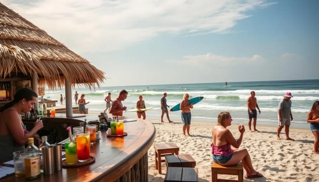 A sun-drenched beach bar nestled along the North Carolina coastline, its thatched-roof cabana providing a casual, laid-back vibe. Bartenders mix vibrant cocktails behind a wooden counter, as beachgoers sip chilled drinks and savor local seafood delights. Surfers catch waves in the distance, their laughter and chatter mingling with the soothing sounds of the lapping ocean. Soft, warm lighting bathes the scene, creating a relaxed, inviting atmosphere perfect for indulging in sweet treats and refreshing beverages on a picture-perfect day.
