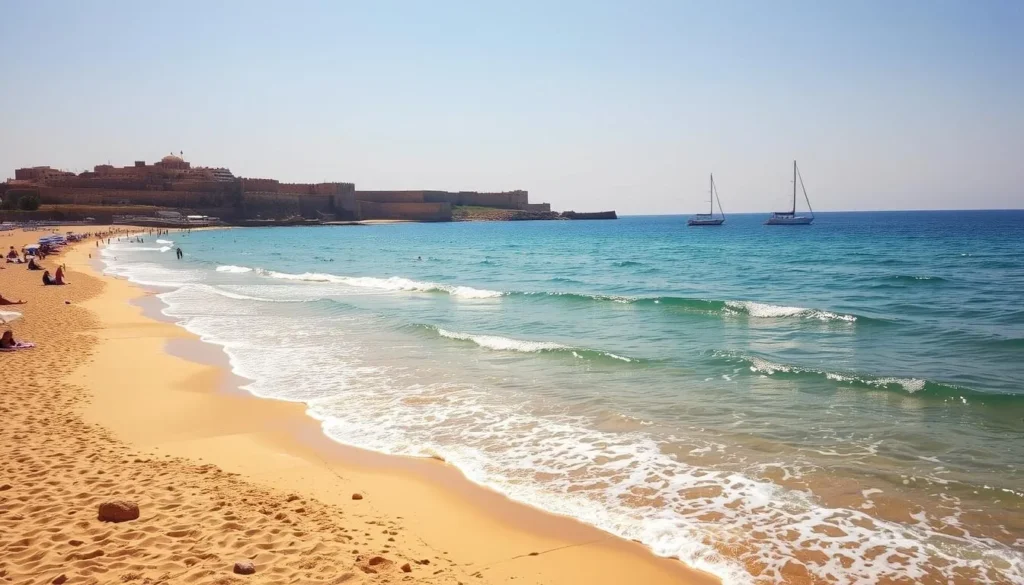 A sun-drenched beach in Akko, Israel, with gently lapping waves caressing the golden sand. In the foreground, beachgoers soak up the warmth, their colorful towels and umbrellas dotting the landscape. Farther out, sailboats glide across the azure waters, their sails catching the gentle breeze. In the distance, the historic walls of the ancient city rise, a testament to Akko's rich history. The scene is bathed in a warm, golden light, creating a serene and inviting atmosphere. A picturesque coastal scene that captures the essence of this charming Mediterranean town.