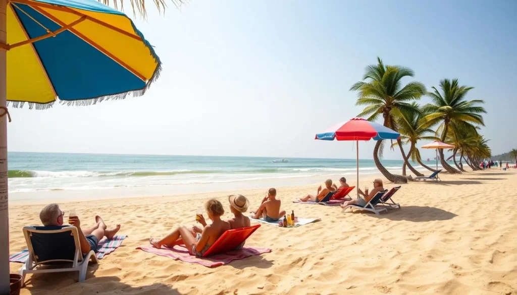 A sun-drenched beach in Mancora, Peru, with fine golden sand, gently lapping waves, and a few swaying palm trees in the background. A group of people relaxing on beach towels, sipping refreshing drinks, and enjoying the warm, tropical atmosphere. In the foreground, a few colorful umbrellas and beach chairs provide shade and comfort. The lighting is soft and natural, with a slight haze to create a dreamy, relaxing ambiance. The scene captures the essence of a perfect Mancora beach vacation, inviting the viewer to imagine themselves immersed in the tranquil, laid-back coastal lifestyle.