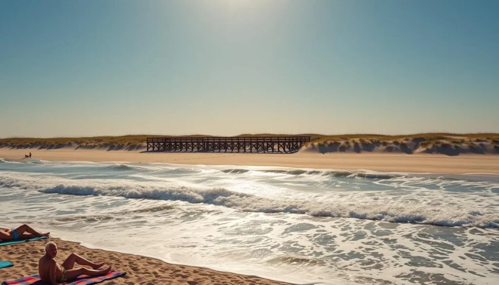 A sun-drenched beach in Outer Banks, North Carolina, with crashing waves and a cloudless sky. In the foreground, beachgoers relax on towels, soaking up the warmth. In the middle ground, a seaside pier stretches into the distance, its wooden planks reflecting the golden light. In the background, rolling sand dunes are punctuated by swaying sea oats, creating a picturesque coastal landscape. The scene is captured with a wide-angle lens, conveying a sense of tranquility and seasonal joy. The overall mood is one of relaxation and summer bliss.
