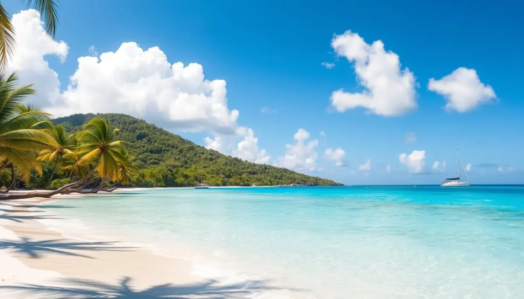 A sun-drenched beach in the U.S. Virgin Islands, with crystal-clear turquoise waters lapping at the pristine white sand. Swaying palm trees cast gentle shadows on the tranquil scene. In the distance, a lush, verdant hillside rises, dotted with tropical foliage. The sky is a brilliant azure, with fluffy white clouds drifting lazily overhead. A few sailboats are anchored offshore, their masts gently rocking in the light breeze. The whole scene exudes a sense of calm and relaxation, perfectly capturing the essence of the islands' peak season from December to April.