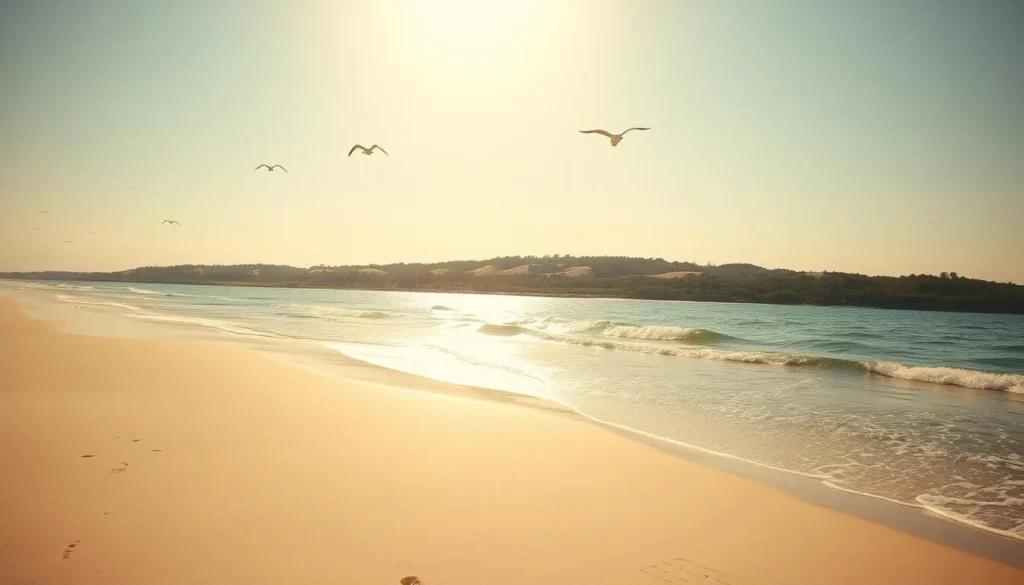 A sun-drenched beach of pristine white sand on Bogue Banks barrier island, located along North Carolina's picturesque Crystal Coast. Gentle waves caress the shoreline as seabirds glide overhead. In the middle ground, lush maritime forests and rolling dunes create a serene natural backdrop. The scene is bathed in warm, golden afternoon light, captured through a wide-angle lens to emphasize the expansive, tranquil atmosphere. Convey a sense of peaceful exploration and appreciation for the island's unspoiled coastal beauty.