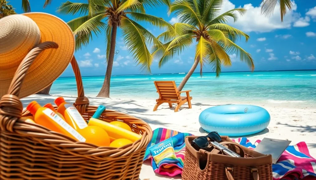 A sun-drenched beach on Blanquilla Island, Venezuela. In the foreground, a wicker basket overflows with tropical fruits, sunscreen, and a sun hat. Nearby, a colorful towel and inflatable floats lie ready for a day of swimming and relaxation. The middle ground features a wooden beach chair and a bag filled with snacks, sunglasses, and a good book. In the background, palm trees sway gently, and the crystal-clear turquoise waters of the Caribbean Sea stretch out to the horizon, inviting exploration and adventure.