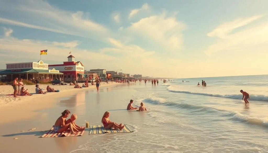 A sun-drenched beach on Oak Island, North Carolina. In the foreground, a family plays in the gentle waves, children building sandcastles and adults wading in the crystal-clear water. The middle ground features beachgoers relaxing on colorful towels, sipping lemonade and reading books. In the background, a vibrant boardwalk lined with cheerful beach shops and ice cream parlors. Warm, golden light filters through wispy clouds, creating a serene and inviting atmosphere. The scene exudes a sense of carefree, family-friendly fun.