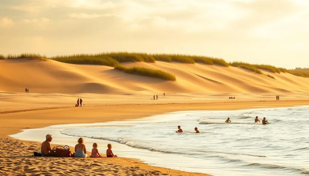 A sun-drenched beach on the Curonian Spit in Lithuania, with golden sand stretching out to the horizon. Gentle waves lap against the shore, and beachgoers bask in the warm summer sun. In the foreground, a family enjoys a picnic, while children play in the shallow waters. Tall, verdant dunes rise in the background, creating a picturesque natural backdrop. Warm, diffused lighting filters through wispy clouds, casting a soft, golden glow over the scene. The atmosphere is tranquil and serene, inviting visitors to relax and soak in the beauty of this unique coastal landscape.