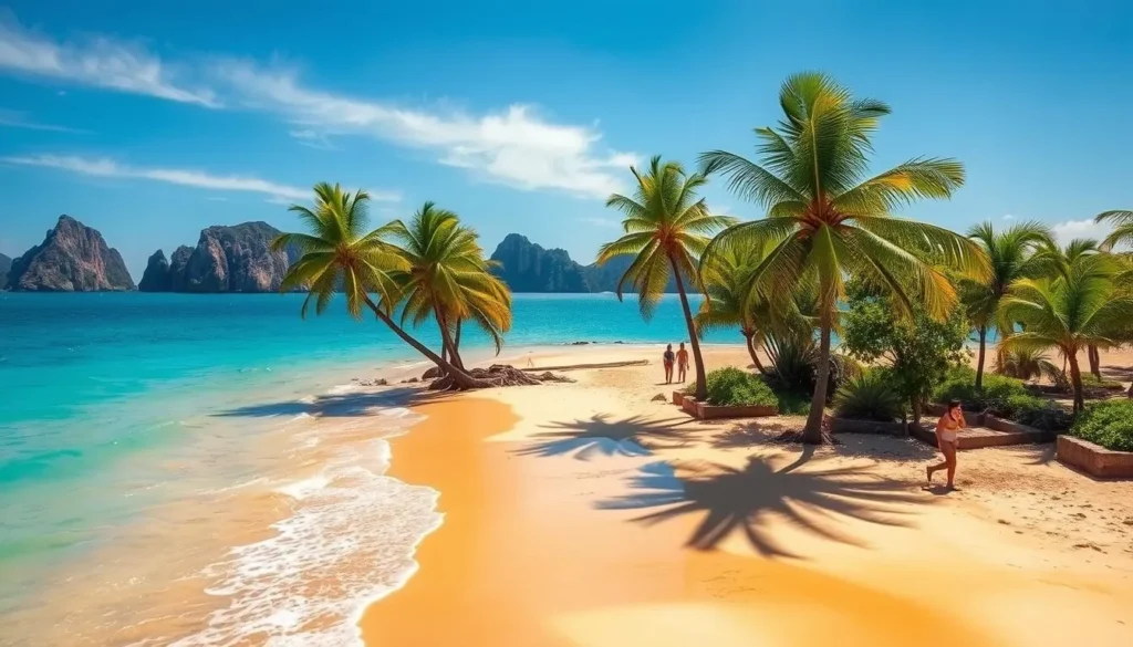 A sun-drenched beach on the Ilha do Frances, Brazil, with crystal-clear turquoise waters lapping gently against the golden sands. Lush palm trees sway in the gentle breeze, casting warm, dappled shadows on the tranquil scene. In the distance, rugged cliffs rise, their rocky outcroppings silhouetted against the azure sky. A few beachgoers stroll along the water's edge, enjoying the idyllic setting on this perfect day. The scene is bathed in a soft, golden light, creating a serene and inviting atmosphere, capturing the best time to visit this enchanting tropical paradise.