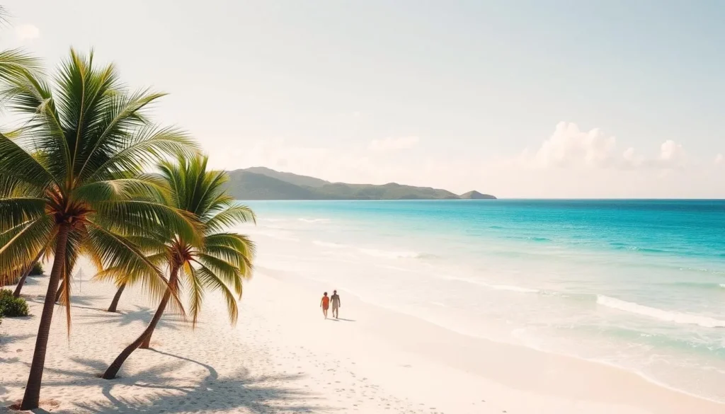 A sun-drenched beach on the island of Anguilla during the shoulder season. Soft, golden light bathes the gently lapping waves, their turquoise hues reflecting the cloudless sky. In the foreground, palm trees sway in the light breeze, their fronds casting delicate shadows on the powdery white sand. A few beach umbrellas dot the scene, providing welcoming pockets of shade for visitors seeking a tranquil respite. The middle ground features a few strolling beachgoers, their leisurely pace capturing the relaxed pace of this off-peak period. In the distance, the lush, verdant hills of the island provide a picturesque backdrop, hinting at the natural beauty that awaits the weather-savvy traveler.