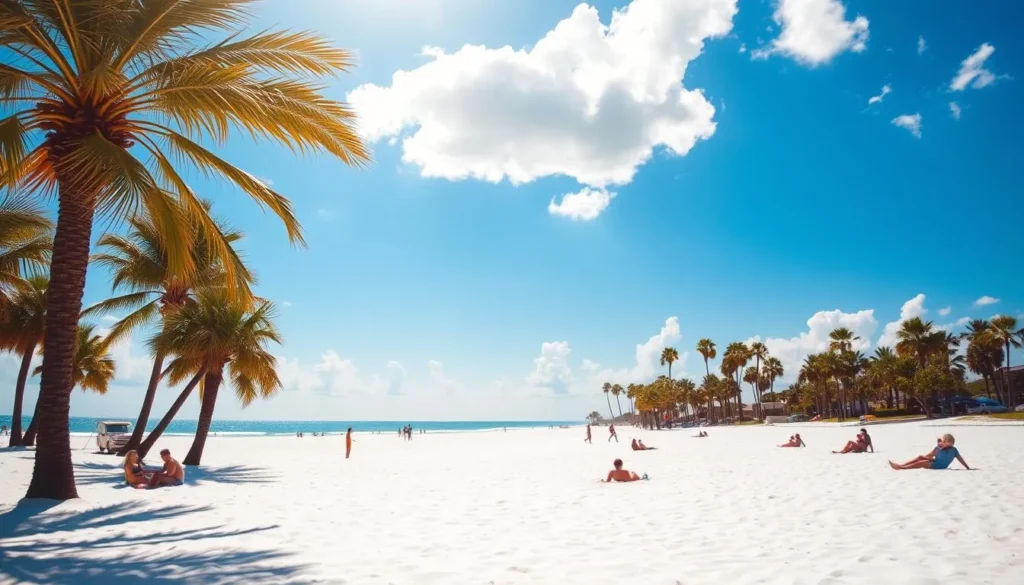 A sun-drenched beach scene at Carolina Beach, North Carolina. In the foreground, pristine white sand stretches out, with beachgoers sunbathing and swimming in the sparkling azure waters of the Atlantic Ocean. In the middle ground, palm trees sway gently in a light coastal breeze, their fronds casting dappled shadows on the sand. The background features a clear blue sky, with fluffy white clouds drifting overhead, creating a serene and picturesque atmosphere. The lighting is warm and golden, creating a inviting and tranquil mood, perfect for a leisurely day at the beach.
