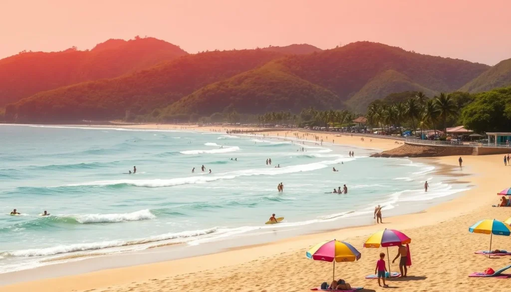 A sun-drenched beach scene in Guaruja, Brazil. In the foreground, colorful beach umbrellas and towels dot the pristine golden sand. A group of people enjoying water sports like surfing and kayaking in the gentle waves. The middle ground features a promenade lined with palm trees and beachfront cafes. In the background, lush green hills and cliffs rise up, creating a picturesque natural backdrop. Warm, diffused lighting casts a soft, inviting glow over the entire scene. A serene, peaceful atmosphere, capturing the essence of a relaxing, quintessential Brazilian beach day. A sun-drenched beach scene in Guaruja, Brazil. In the foreground, colorful beach umbrellas and towels dot the pristine golden sand. A group of people enjoying water sports like surfing and kayaking in the gentle waves. The middle ground features a promenade lined with palm trees and beachfront cafes. In the background, lush green hills and cliffs rise up, creating a picturesque natural backdrop. Warm, diffused lighting casts a soft, inviting glow over the entire scene. A serene, peaceful atmosphere, capturing the essence of a relaxing, quintessential Brazilian beach day.