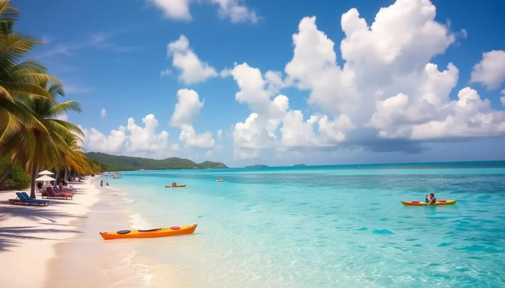 A sun-drenched beach scene in the U.S. Virgin Islands, with clear turquoise waters lapping at the pristine white sand. Lush, verdant palm trees sway gently in the warm Caribbean breeze. In the distance, a stunning azure sky dotted with fluffy white clouds. Kayakers and snorkelers explore the vibrant coral reefs, while beachgoers relax on lounge chairs, sipping tropical cocktails. The overall atmosphere is one of tranquility, relaxation, and natural beauty, capturing the essence of the best months to visit this tropical paradise.