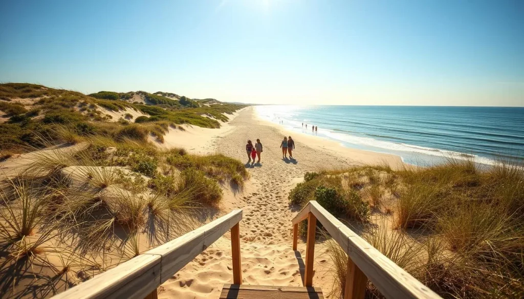 A sun-drenched beach scene on Bogue Banks, North Carolina. In the foreground, a wooden staircase leads down to the soft, golden sand, inviting beachgoers to explore the pristine shoreline. The middle ground showcases families strolling along the water's edge, their laughter and joy captured in the gentle breeze. In the background, rolling dunes dotted with lush, coastal vegetation frame the tranquil, azure waters of the Atlantic Ocean. The scene is bathed in warm, natural lighting, creating a serene and welcoming atmosphere, perfect for a day of beach activities and relaxation.