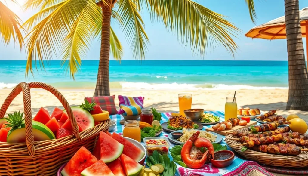 A sun-drenched beach scene, with a bountiful spread of vibrant and appetizing beach food. In the foreground, a wicker basket overflows with fresh tropical fruits, juicy watermelon slices, and an assortment of savory snacks. The middle ground features a family-style picnic blanket, adorned with colorful beach towels and an array of tempting dishes - crisp salads, grilled seafood skewers, and chilled beverages. In the background, the azure ocean waves gently lap at the golden sand, with swaying palm trees casting a soft, dappled light over the entire scene. The overall mood is one of relaxation, indulgence, and the joy of seaside dining.