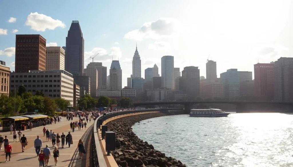 A sun-drenched cityscape of Detroit in the summertime. In the foreground, people stroll along the lively riverfront, enjoying the warm breeze and taking in the iconic skyline. In the middle ground, the historic architecture of Downtown Detroit shines, with skyscrapers and landmarks casting long shadows across the bustling streets. In the background, a hazy blue sky stretches out, dotted with fluffy white clouds. The scene is bathed in a warm, golden light, creating a vibrant and inviting atmosphere that captures the essence of summer in this resilient and dynamic city.