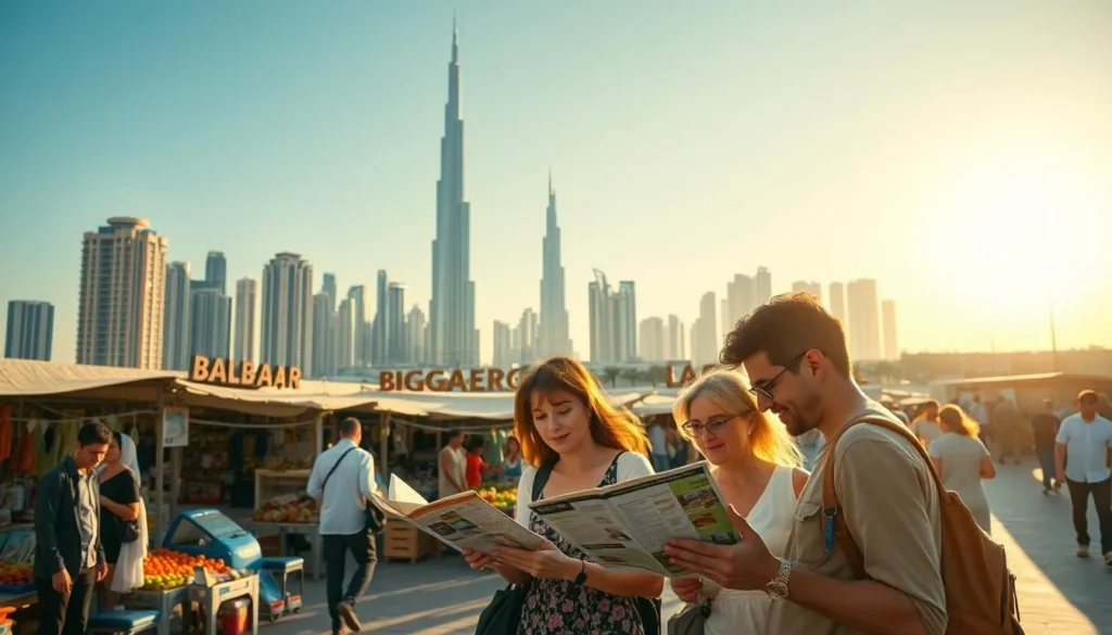 A sun-drenched cityscape of Dubai's iconic skyline, with the Burj Khalifa towering in the background. In the foreground, a bustling open-air market with vibrant stalls selling local goods and produce. Shoppers negotiate prices with vendors, capturing the lively haggling culture. In the middle ground, a group of tourists poring over maps and guidebooks, carefully planning their budget-friendly itinerary. The scene is bathed in warm, golden light, conveying a sense of tranquility and financial prudence. Captured with a wide-angle lens to showcase the dynamic interplay of urban elements and human activity.