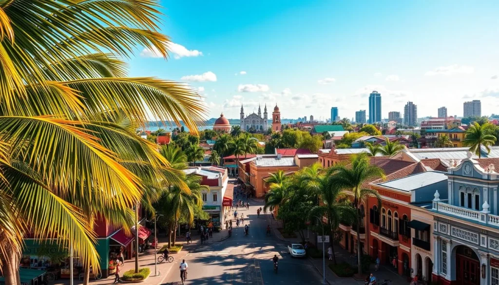 A sun-drenched cityscape of Groningen, Suriname, nestled along the banks of the Suriname River. In the foreground, lush palm trees sway gently, their fronds casting dappled shadows on the colorful colonial-style buildings below. The mid-ground is filled with bustling pedestrians and cyclists, navigating the winding streets lined with charming shops and cafes. In the distance, the skyline is punctuated by the iconic domes and spires of historic churches, blending seamlessly with modern high-rises. The scene is bathed in warm, golden light, creating a welcoming and vibrant atmosphere that captures the essence of this hidden gem.