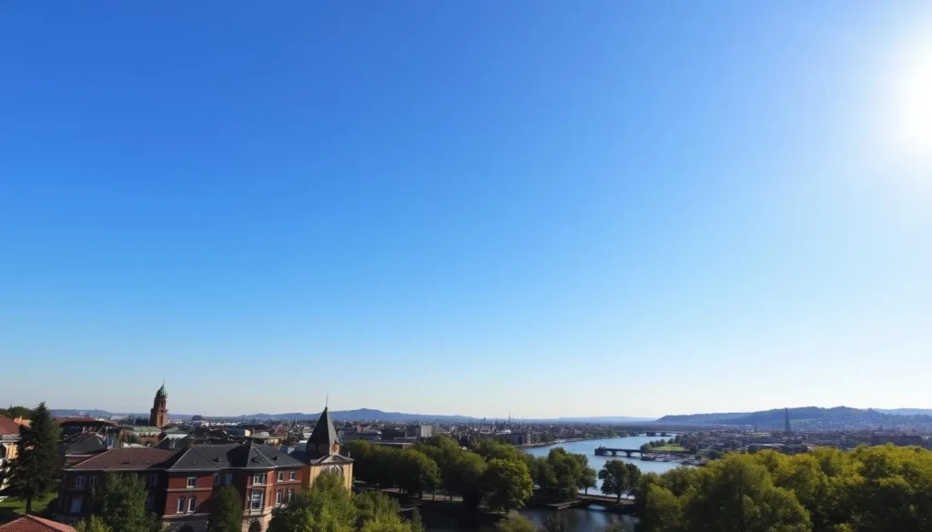 A sun-drenched cityscape of Kaunas, Lithuania, under a clear azure sky. In the foreground, historic brick buildings line the riverbanks, their facades basking in warm, golden light. Lush greenery frames the scene, with trees and parks dotting the urban landscape. In the middle ground, the Nemunas River flows serenely, its waters reflecting the surrounding architecture. Distant hills rise on the horizon, adding depth and dimension to the tranquil, picturesque vista. The overall mood is one of calm, inviting the viewer to explore this charming, weather-ideal city throughout the seasons.