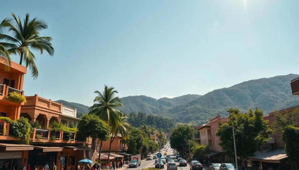 A sun-drenched cityscape of Maturin, Venezuela, captured through a wide-angle lens. In the foreground, bustling streets lined with vibrant buildings in earthy tones, their balconies adorned with lush greenery. In the middle ground, towering palm trees sway gently, casting dappled shadows on the bustling pedestrians and vehicles below. The background is dominated by a range of rolling hills, their slopes cloaked in verdant foliage. The scene is bathed in warm, golden light, evoking a sense of tranquility and a connection to the natural world. The overall atmosphere is one of a thriving, well-established community that coexists harmoniously with its stunning natural surroundings.