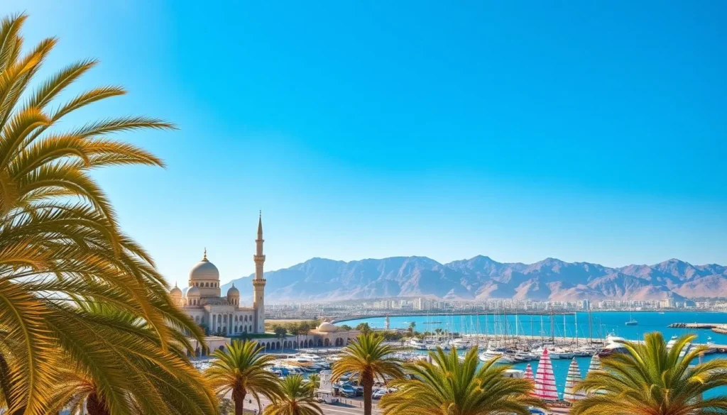 A sun-drenched coastal cityscape of Muscat, Oman. In the foreground, vibrant palm trees sway gently against a brilliant azure sky. The iconic Sultan Qaboos Grand Mosque stands majestically, its white marble walls and ornate minarets gleaming in the warm light. In the middle ground, a bustling harbor filled with traditional dhow boats and yachts, their colorful sails catching the sea breeze. In the distance, the rugged Hajar Mountains rise, their craggy peaks casting long shadows over the city. The overall scene exudes a sense of tranquility and timeless Arabian charm, perfectly capturing the essence of a summer day in Muscat.