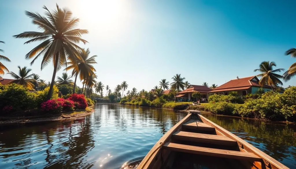A sun-drenched coastal scene in Cherthala, Kerala, with swaying palm trees and a serene backwater canal. In the foreground, a traditional wooden boat drifts peacefully, its reflection rippling on the calm waters. The middle ground features lush greenery and vibrant flora, while the background showcases the charming architecture of the region, set against a clear blue sky. Warm, golden sunlight bathes the entire landscape, creating a tranquil and inviting atmosphere. The scene conveys the ideal time to visit Cherthala - when the weather is pleasant, and the natural beauty is at its most captivating.