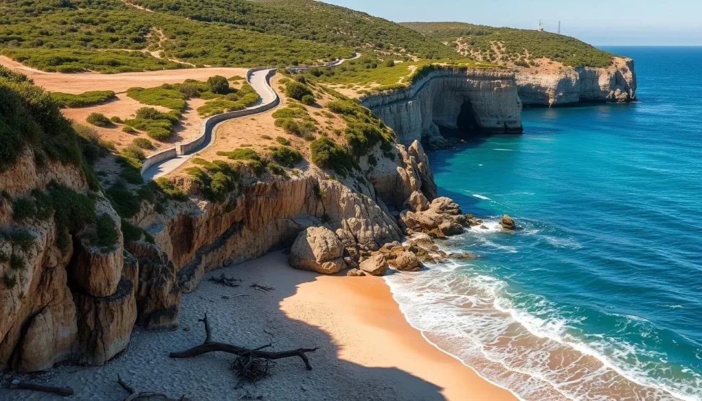 A sun-drenched coastline of rugged cliffs and weathered rock formations, with gently lapping waves caressing the shore. In the foreground, a picturesque beach lined with soft sand and scattered driftwood. The midground features a winding path leading along the cliff edge, offering breathtaking views of the azure waters below. In the background, a tapestry of lush, verdant vegetation clings to the rock, creating a lush, natural backdrop. Capture the scene with a wide-angle lens to showcase the dramatic scale and beauty of this hidden coastal gem, bathed in warm, golden light.