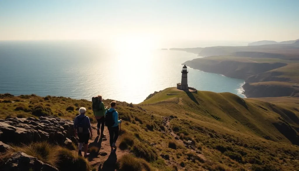 A sun-drenched coastline stretches across Lundy Island, its rugged cliffs and craggy shores framed by the vast, azure expanse of the Bristol Channel. In the foreground, a group of adventurous hikers traverse the well-worn trails, their gazes fixed on the horizon as they soak in the breathtaking vistas. The middle ground features the island's historic lighthouse, its beacon standing tall and proud, guiding seafarers through the choppy waters. In the background, the rolling hills and lush vegetation of the island's interior create a serene and picturesque backdrop, inviting visitors to immerse themselves in the tranquil Lundy Island experience. Warm, natural lighting illuminates the scene, casting a golden glow over the entire landscape and imbuing the image with a sense of warmth and serenity.