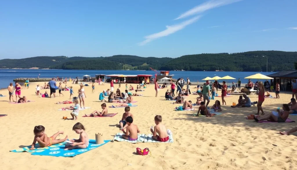 A sun-drenched day at the main beach of Hostivar Reservoir, Czechia. Families and friends gather on the golden sand, soaking in the warm summer rays. In the foreground, children build sandcastles and splash in the crystal-clear waters. Beachgoers lounge on colorful towels, sipping cool drinks and reading books. The middle ground features a lively promenade lined with charming cafes and shops, their umbrellas casting playful shadows. In the distance, rolling hills and lush forests frame the tranquil scene, creating a picturesque landscape. A gentle breeze ruffles the surface of the reservoir, adding a serene touch to this idyllic main beach experience.