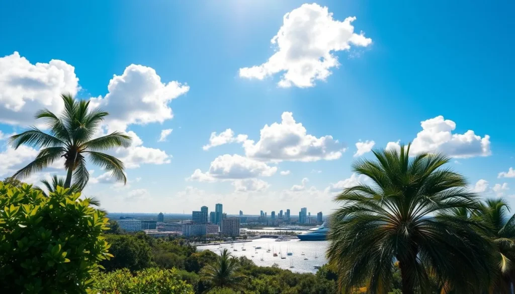 A sun-drenched day in Tampa, Florida. Bright azure sky with fluffy white clouds. A lush, verdant landscape of palm trees and vibrant green foliage in the foreground. In the middle ground, a bustling downtown skyline of modern high-rises and historical buildings. In the background, the glistening waters of Tampa Bay, dotted with sailboats and yachts. Warm, golden sunlight bathes the scene, creating a welcoming, inviting atmosphere. Capture the ideal weather and scenery that make Tampa a premier destination during the best months to visit.