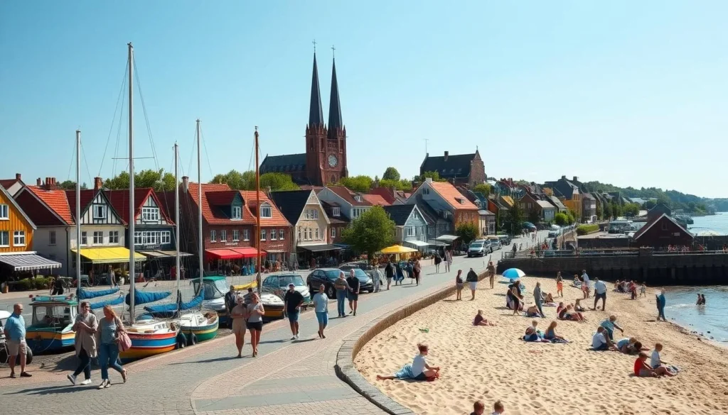 A sun-drenched day in the picturesque seaside town of Ystad, Sweden. The historic harbor is bustling with colorful fishing boats, their masts swaying gently in the light breeze. People stroll along the quaint cobblestone streets, admiring the charming half-timbered houses and quaint cafes. In the distance, the iconic medieval church towers rise up, casting long shadows on the lush green parks. Families gather on the sandy beaches, basking in the warm Scandinavian sun and dipping their toes in the glistening Baltic Sea. The air is filled with the salty scent of the ocean and the laughter of children playing. A quintessential Swedish summer scene, full of tranquility and natural beauty.
