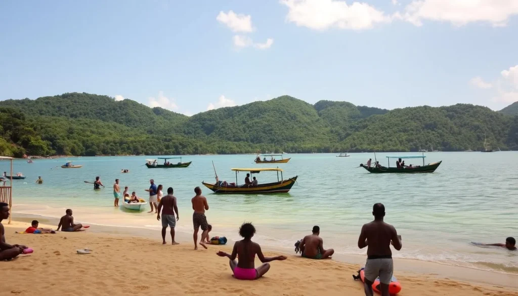 A sun-drenched day on the picturesque coastal region of French Guiana. In the foreground, locals and tourists engage in a variety of activities - swimming, kayaking, and beachcombing along the golden sands. In the middle ground, traditional fishing boats dot the calm, azure waters, while in the background, lush, verdant rainforest-covered hills rise up to meet the cloudless sky. Warm, diffused lighting bathes the scene, creating a serene and inviting atmosphere. Capture the essence of a weather-perfect day for outdoor adventures in this vibrant, tropical locale.