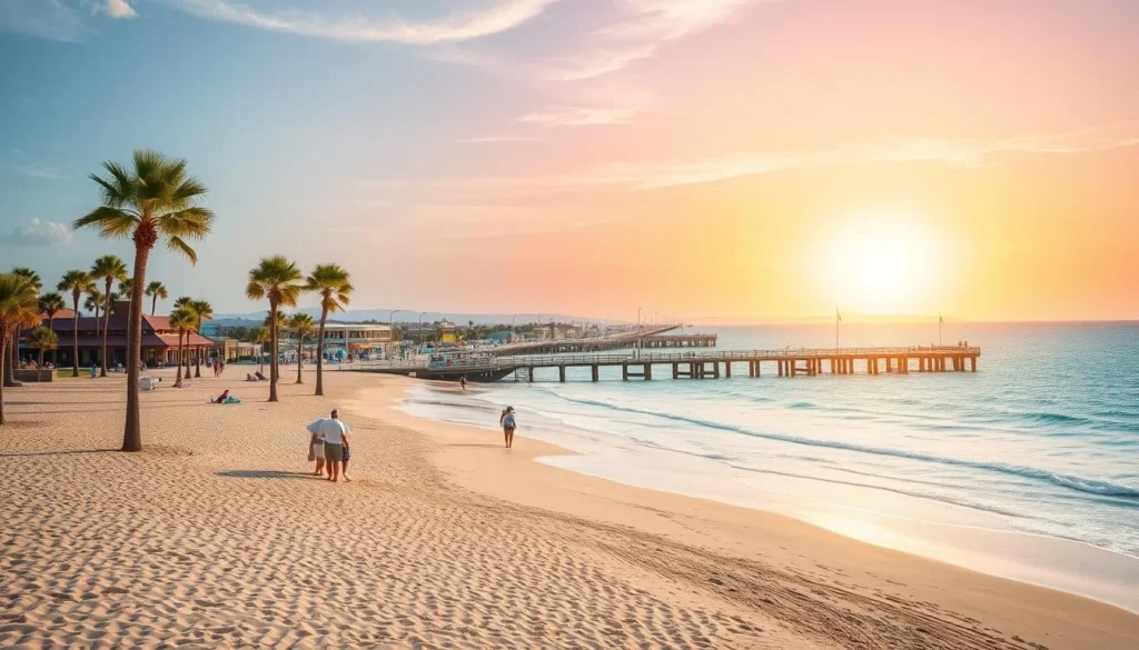 A sun-drenched day on the pristine shores of Pleasure Island Beach, North Carolina. Soft, golden sand stretches out before a sparkling azure ocean, gentle waves lapping at the shoreline. In the foreground, beachgoers stroll leisurely, umbrella-shaded cabanas dotting the scene. Towering palm trees sway in the light breeze, casting dappled shadows across the beach. The middle ground reveals a bustling boardwalk, lined with charming coastal shops and cafes. In the distance, the horizon is painted with a vibrant sunset, the sky ablaze with warm hues. Capture the tranquil essence of this idyllic beach destination, perfect for a relaxing Pleasure Island getaway.