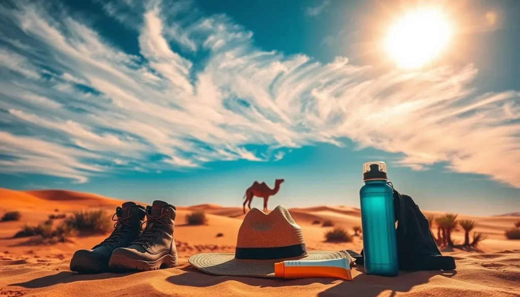 A sun-drenched desert scene showcasing essential packing tips for a journey through Jordan's diverse climate. In the foreground, an array of thoughtfully curated travel essentials - sturdy hiking boots, a wide-brimmed hat, sunscreen, and a reusable water bottle. The middle ground features a backdrop of rolling sand dunes, dotted with hardy desert shrubs and a lone, majestic camel casting a long shadow. The sky is a vibrant azure, with wispy cirrus clouds drifting overhead, illuminated by warm, golden sunlight filtering through. The overall mood evokes a sense of adventure, preparedness, and the natural beauty of the Jordanian landscape.