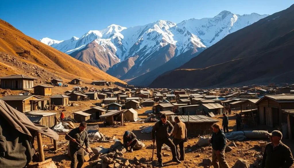 A sun-drenched gold mining camp nestled in the Andes mountains, bustling with activity. In the foreground, rugged miners toil with pickaxes and shovels, their weathered faces etched with determination. Midground, a network of wooden shacks and tents housing the living quarters and makeshift workshops. In the background, majestic snow-capped peaks rise up, creating a dramatic and awe-inspiring landscape. Warm, natural lighting illuminates the scene, casting long shadows and highlighting the rich, golden hues of the earth. Capture the resilience, hardship, and indomitable spirit of the gold mining culture that is the heartbeat of La Rinconada.